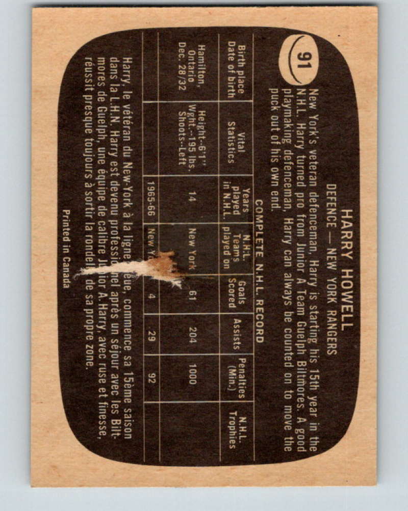 1966-67 Topps #91 Harry Howell NHL New York Rangers 8189 Image 2