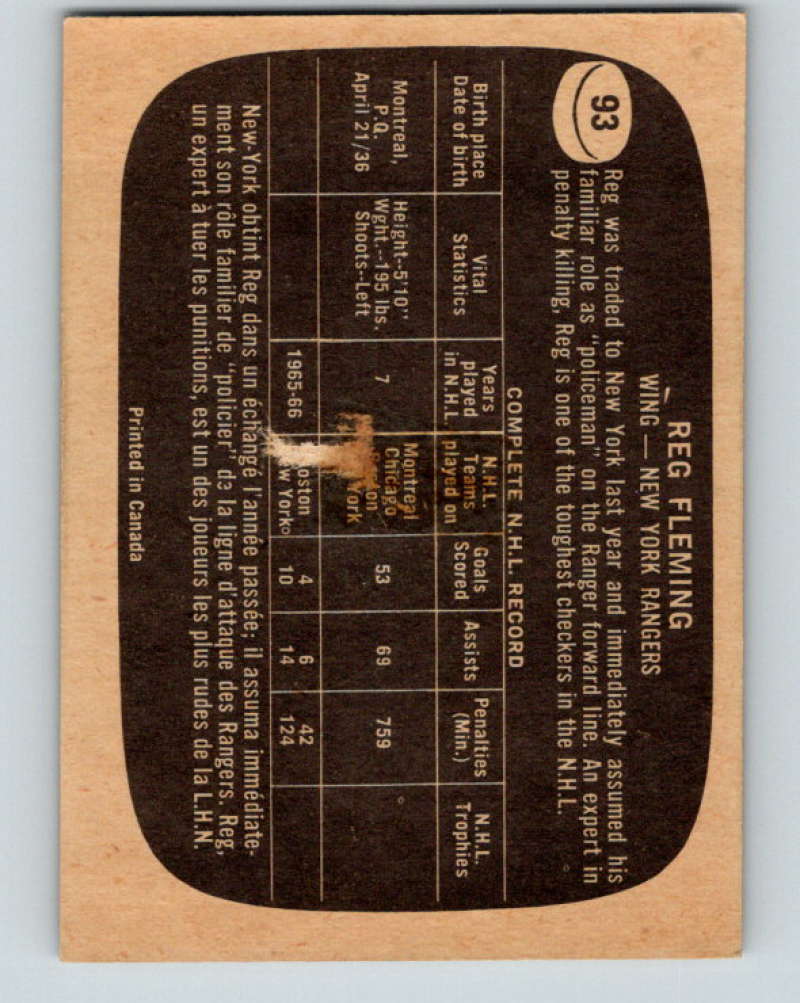 1966-67 Topps #93 Reg Fleming NHL New York Rangers 8190