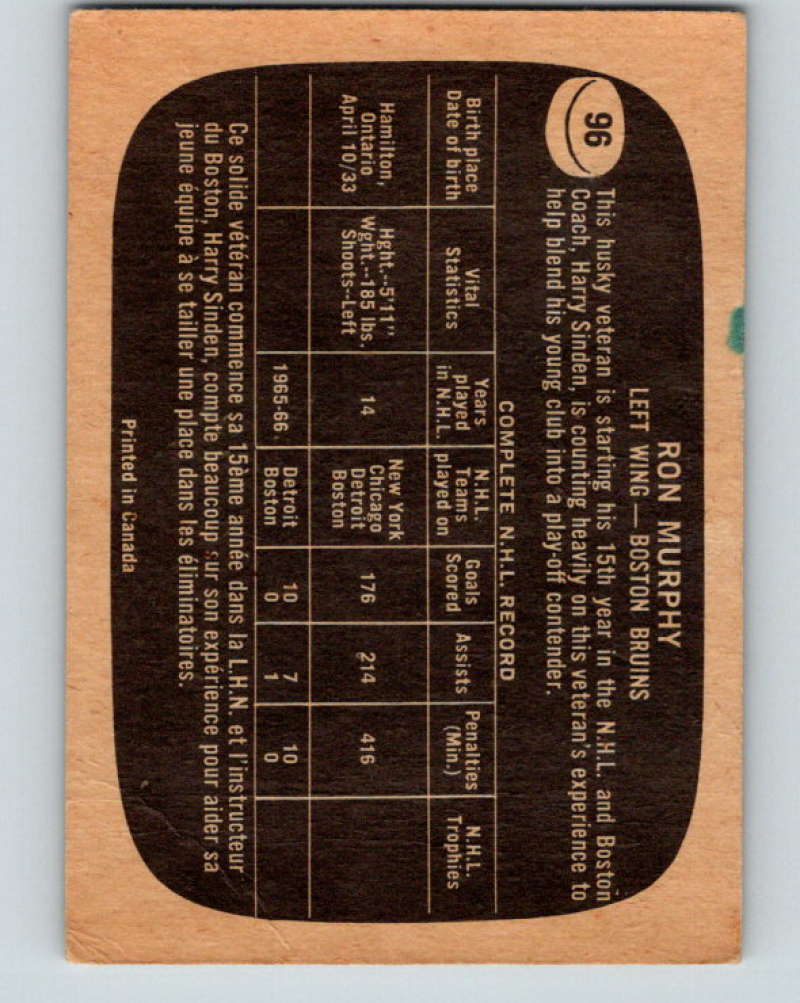 1966-67 Topps #96 Ron Murphy NHL Boston Bruins 8192 Image 2