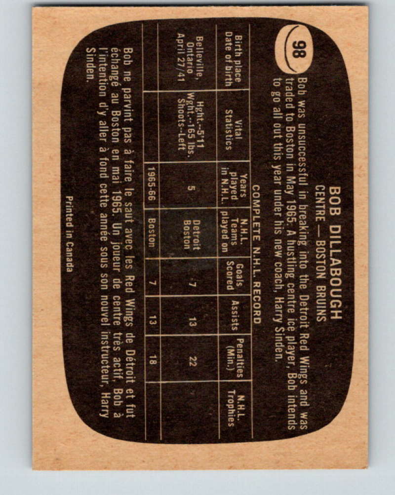 1966-67 Topps #98 Bob Dillabough NHL Boston Bruins 8193