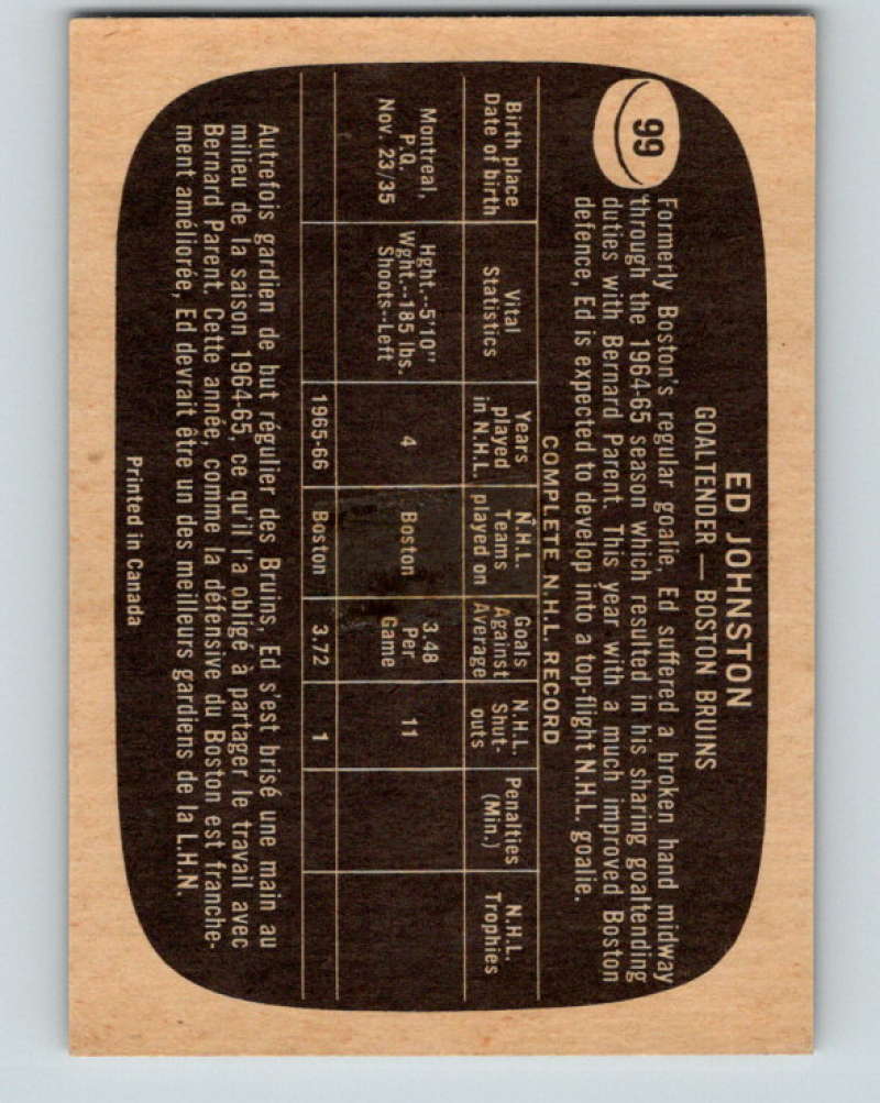 1966-67 Topps #99 Ed Johnston NHL Boston Bruins 8194