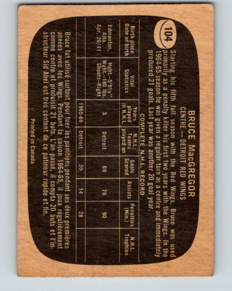 1966-67 Topps #104 Bruce MacGregor NHL Detroit Red Wings 8198