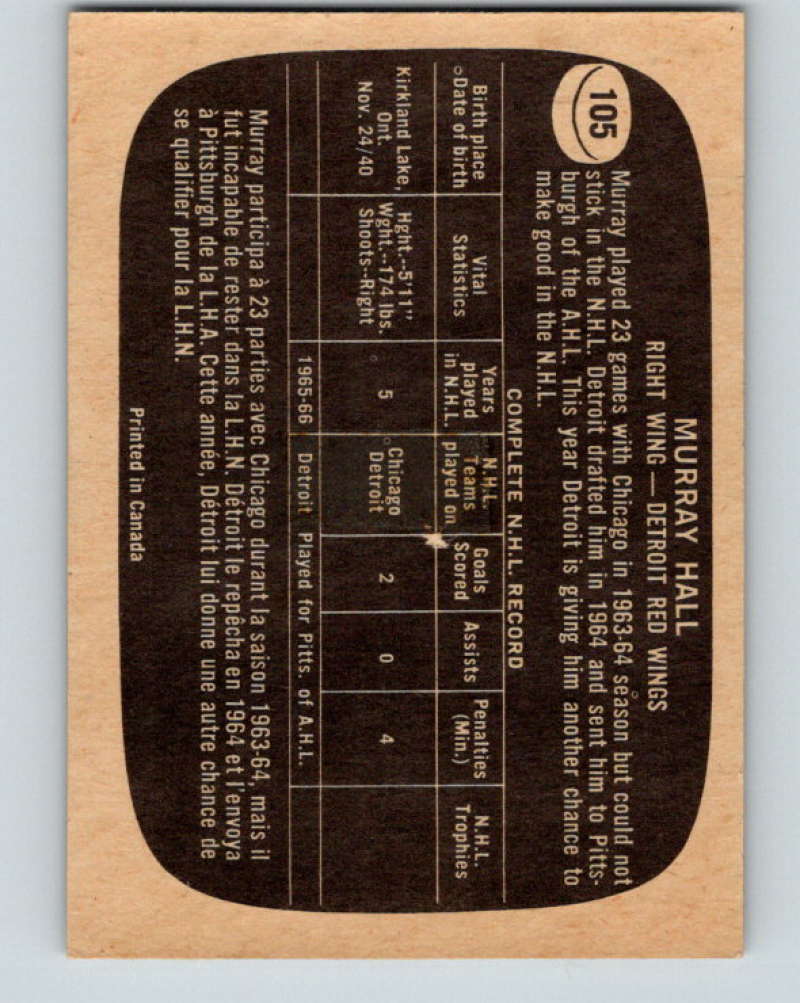 1966-67 Topps #105 Murray Hall NHL Detroit Red Wings 8199 Image 2
