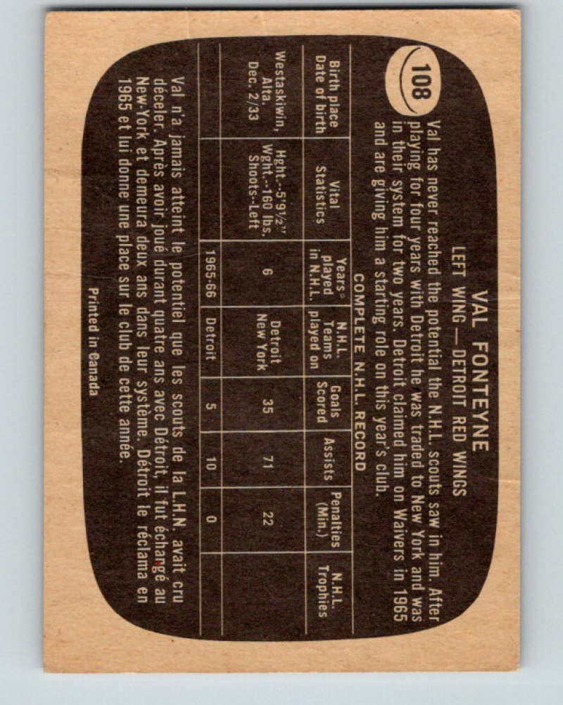 1966-67 Topps #108 Val Fonteyne NHL Detroit Red Wings 8201 Image 2