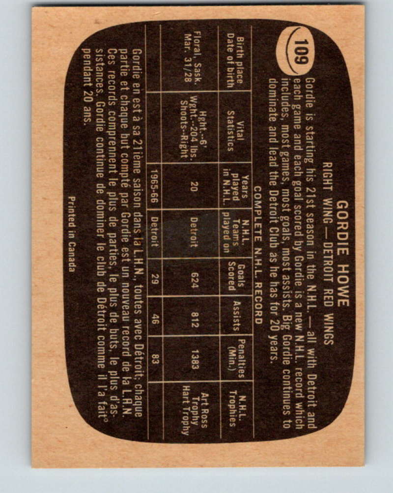 1966-67 Topps #109 Gordie Howe NHL Detroit Red Wings 8202