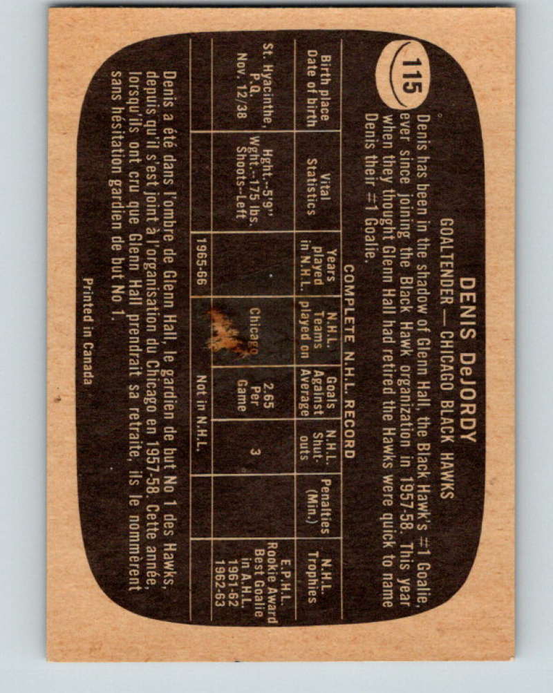 1966-67 Topps #115 Denis DeJordy NHL Chicago Blackhawks 8206