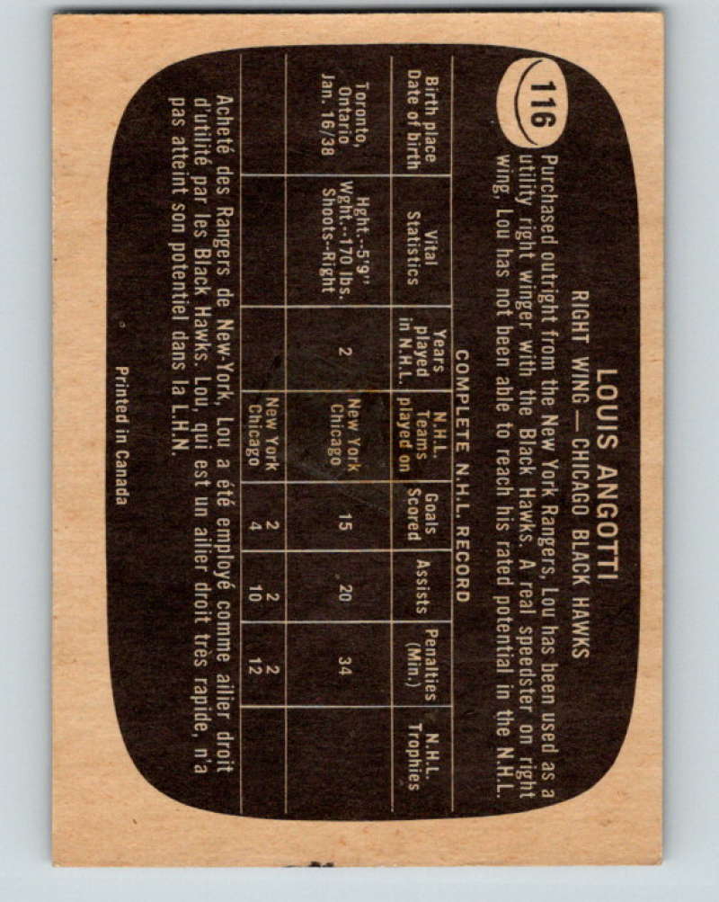 1966-67 Topps #116 Lou Angotti NHL Chicago Blackhawks 8207