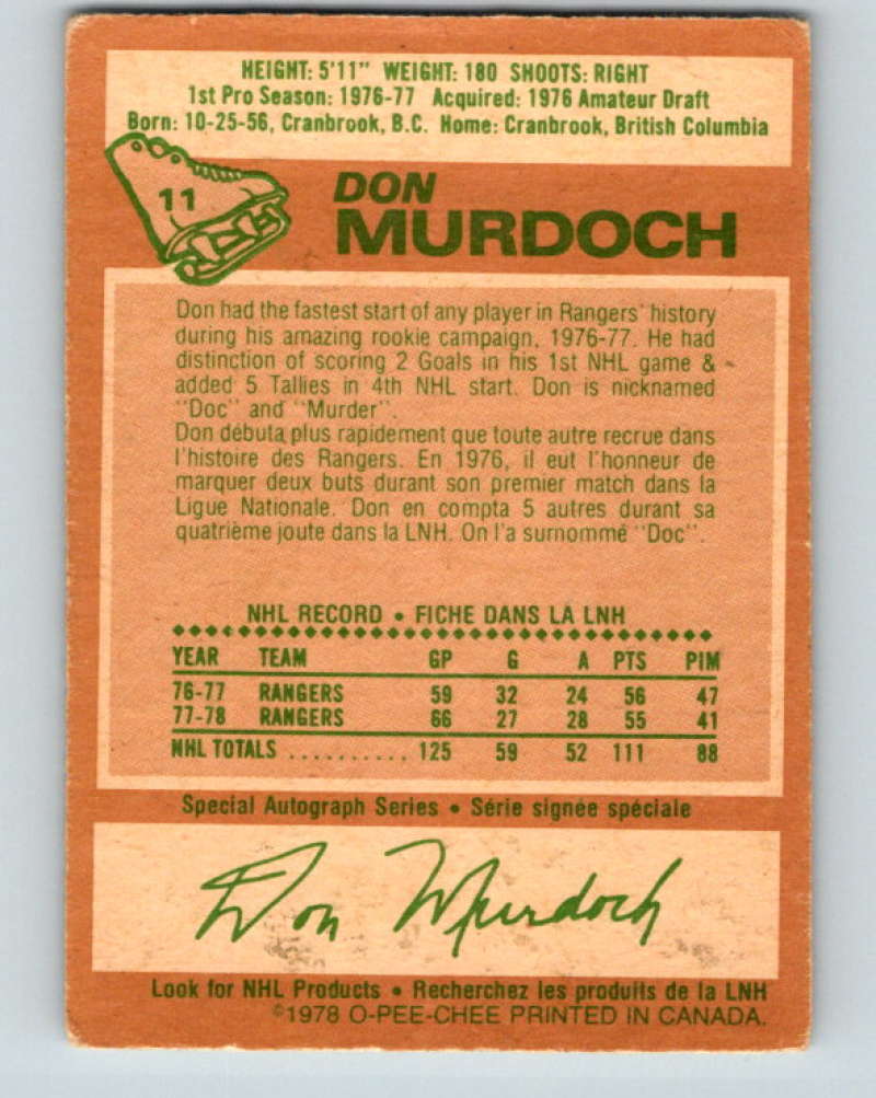 1978-79 O-Pee-Chee #11 Don Murdoch New York Rangers 8310 Image 2