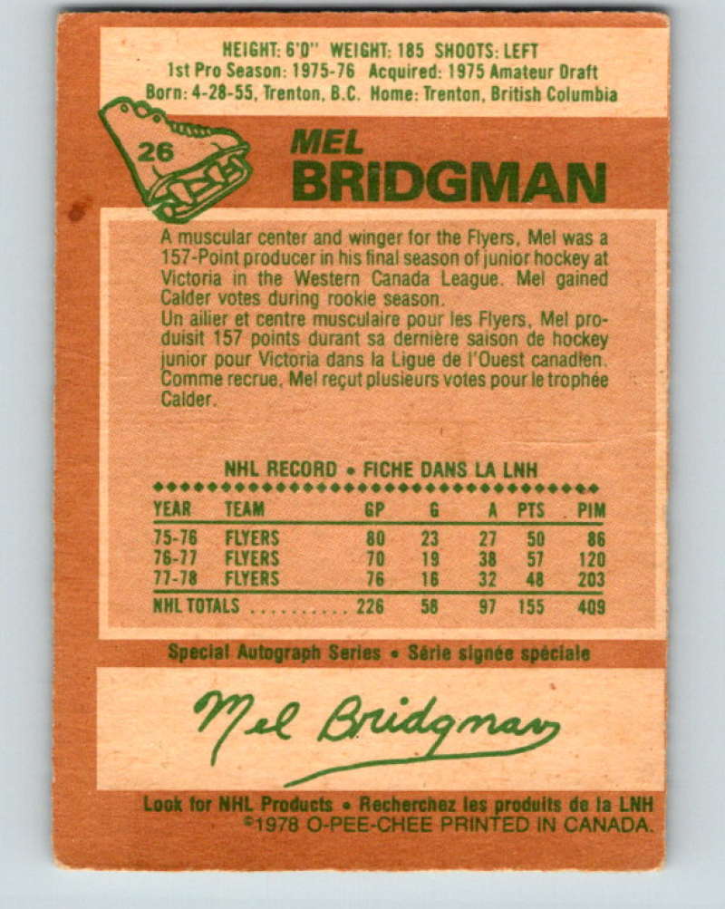 1978-79 O-Pee-Chee #26 Mel Bridgman Philadelphia Flyers 8325 Image 2