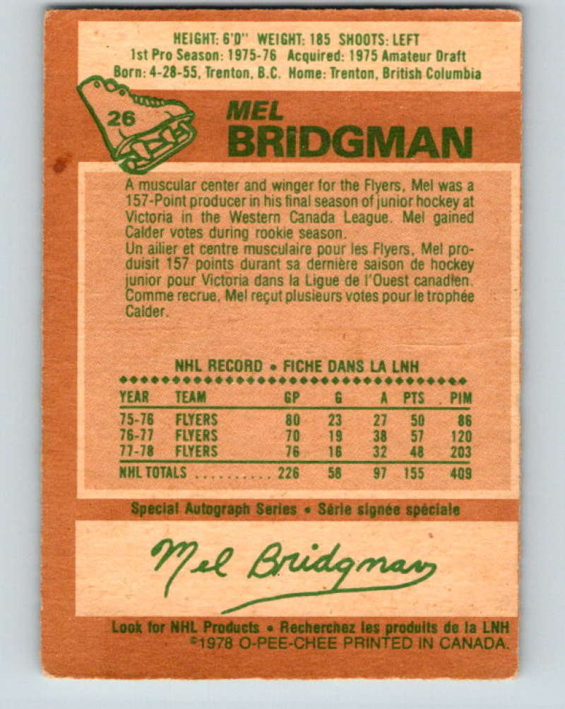 1978-79 O-Pee-Chee #26 Mel Bridgman  Philadelphia Flyers  8325 Image 2