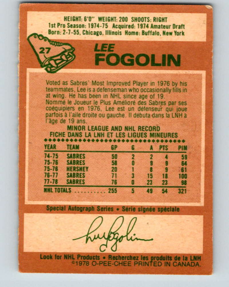 1978-79 O-Pee-Chee #27 Lee Fogolin Buffalo Sabres 8326 Image 2