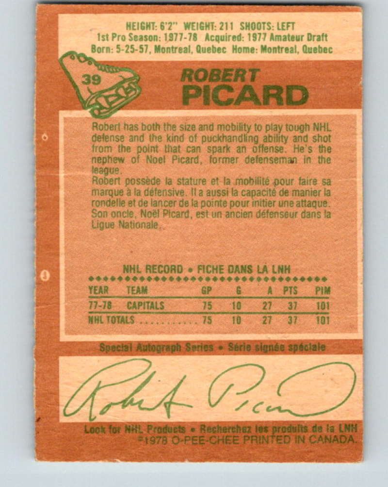 1978-79 O-Pee-Chee #39 Robert Picard  RC Rookie Washington Capitals  8338 Image 2