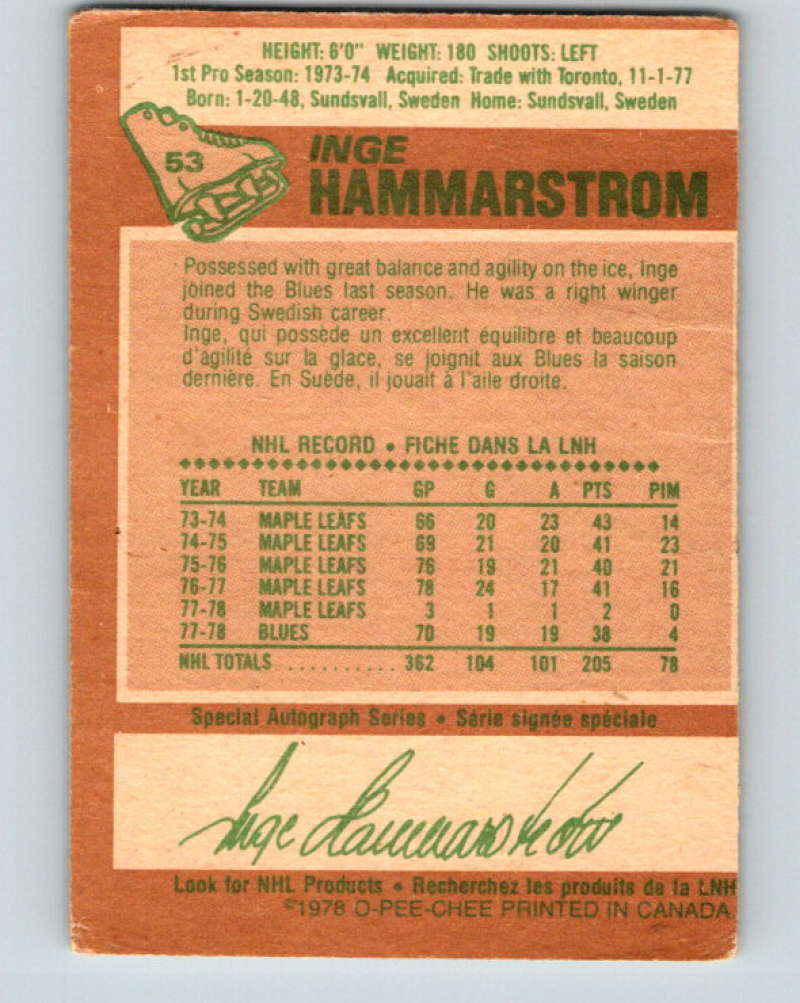 1978-79 O-Pee-Chee #53 Inge Hammarstrom St. Louis Blues 8352 Image 2