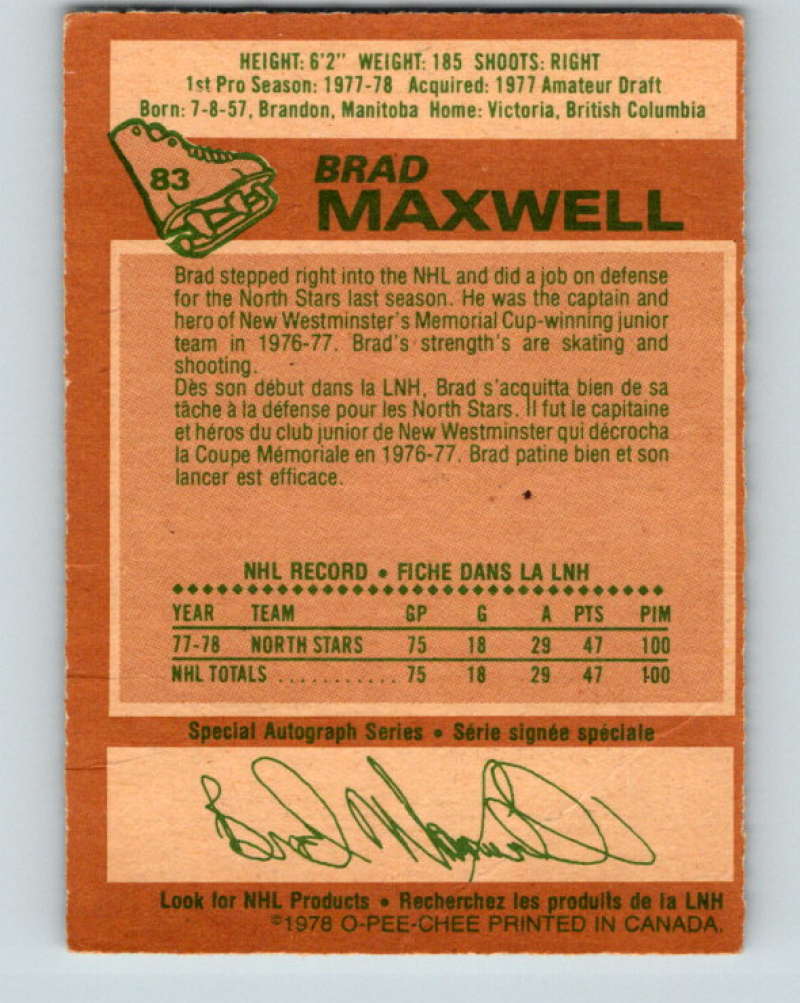 1978-79 O-Pee-Chee #83 Brad Maxwell RC Rookie Minnesota North Stars 8382 Image 2