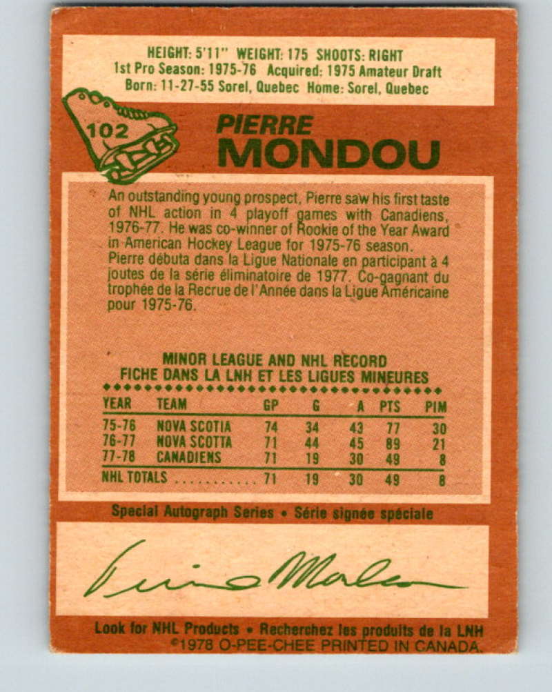 1978-79 O-Pee-Chee #102 Pierre Mondou RC Rookie Montreal Canadiens 8401