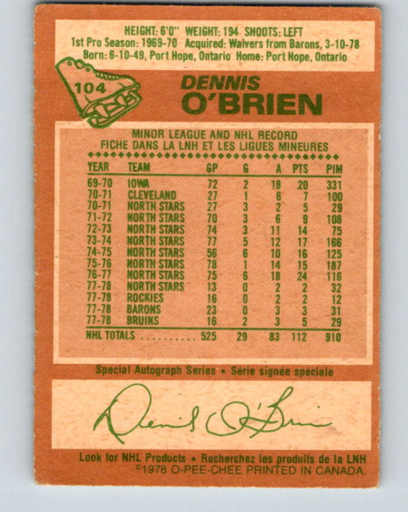 1978-79 O-Pee-Chee #104 Dennis O'Brien  Boston Bruins  8403 Image 2