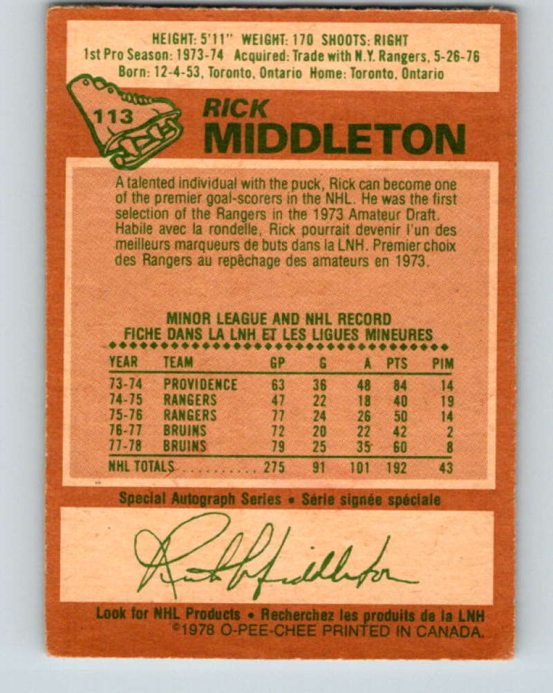 1978-79 O-Pee-Chee #113 Rick Middleton Boston Bruins 8412 Image 2