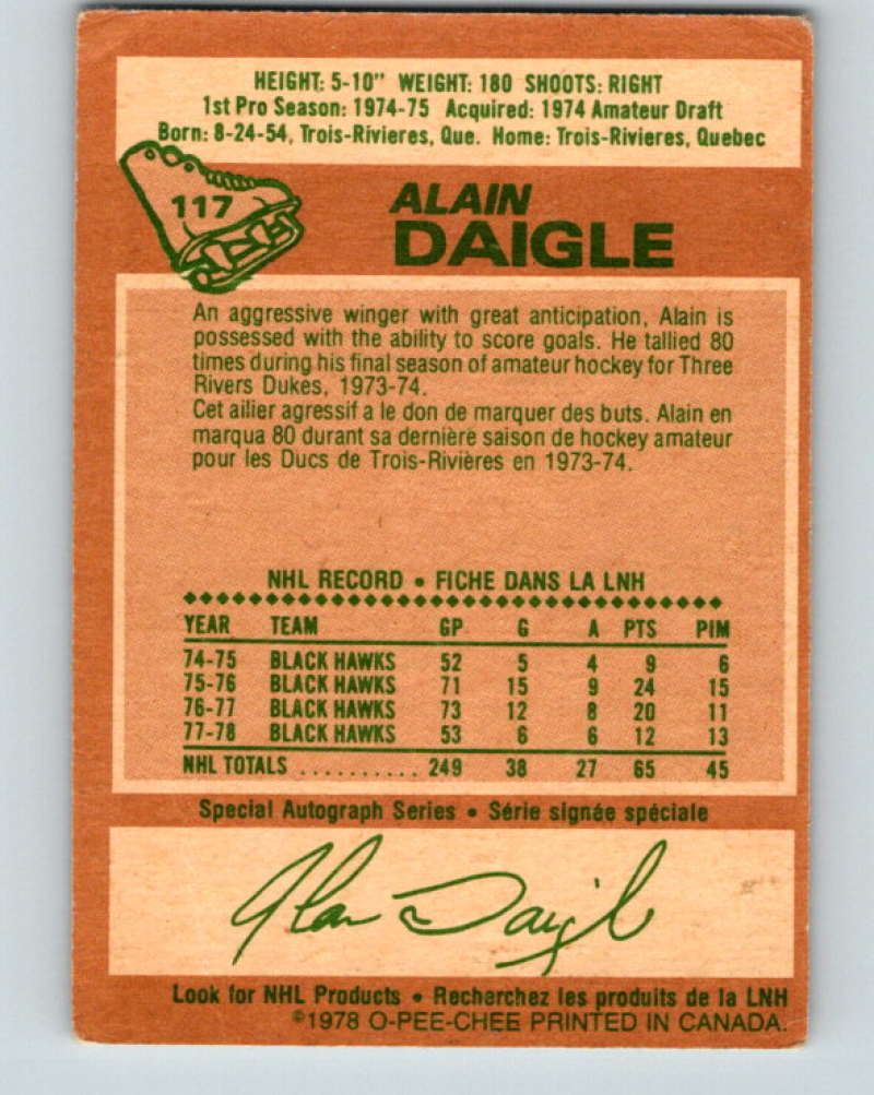 1978-79 O-Pee-Chee #117 Alain Daigle Chicago Blackhawks 8416 Image 2