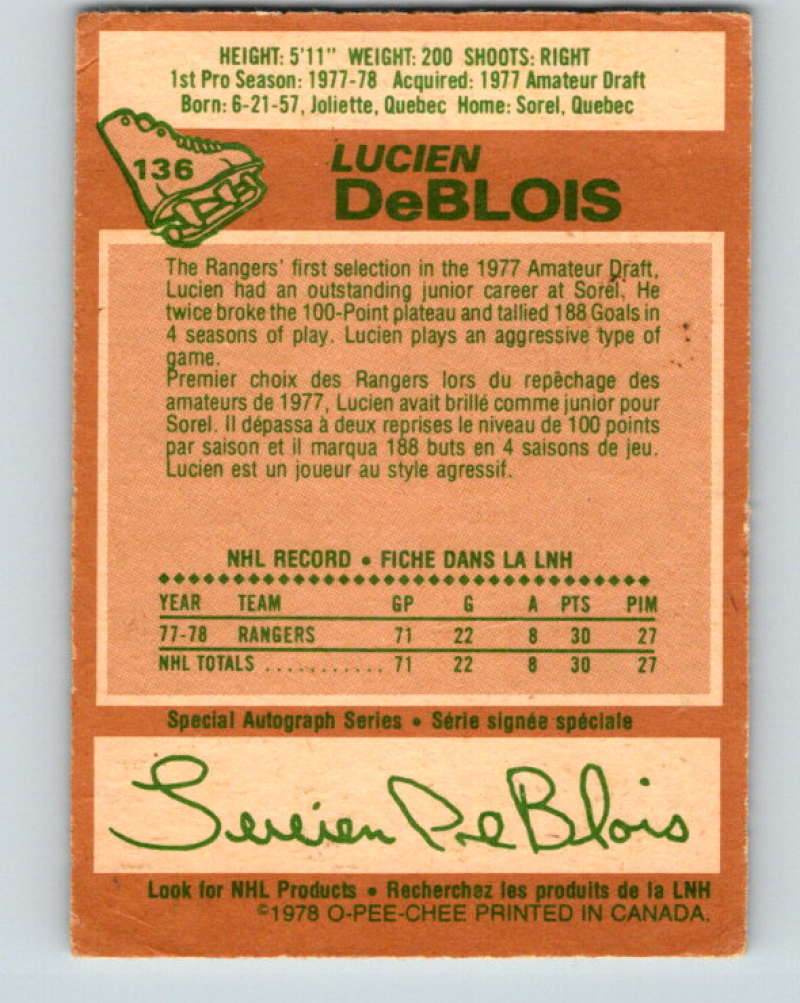 1978-79 O-Pee-Chee #136 Lucien DeBlois RC Rookie New York Rangers 8435 Image 2