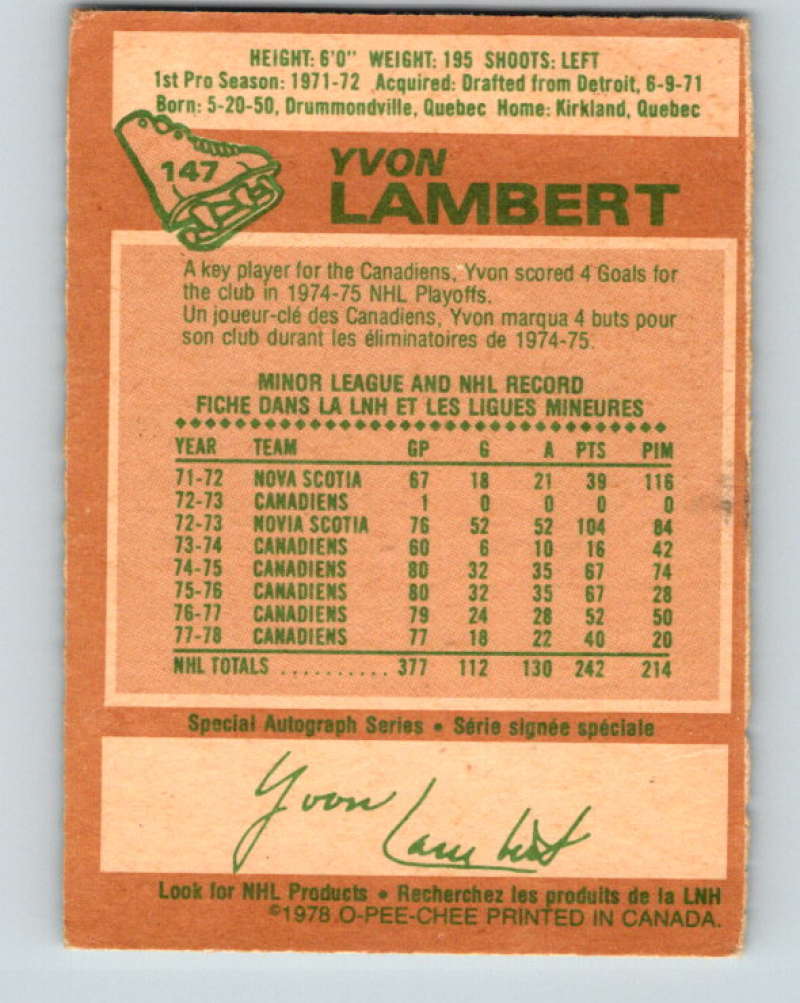 1978-79 O-Pee-Chee #147 Yvon Lambert Montreal Canadiens 8446
