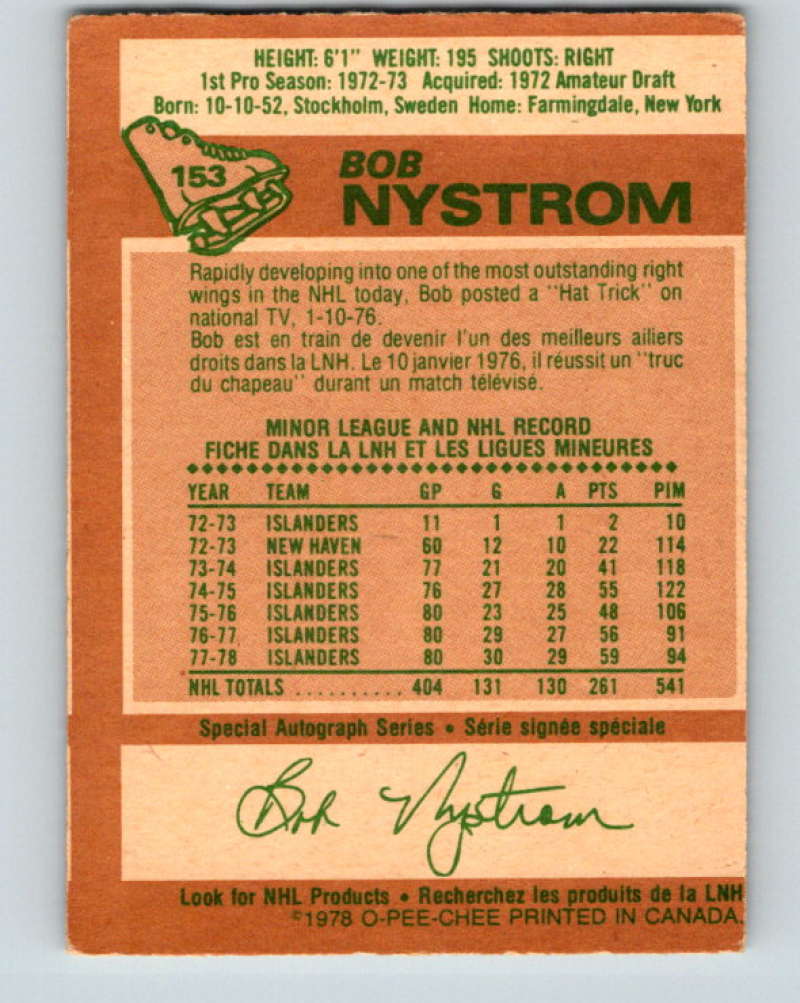1978-79 O-Pee-Chee #153 Bob Nystrom  New York Islanders  8452 Image 2