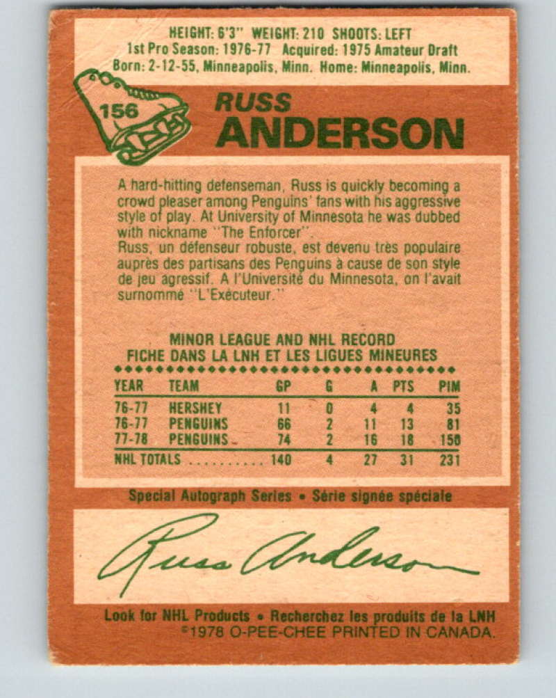 1978-79 O-Pee-Chee #156 Russ Anderson RC Rookie Pittsburgh Penguins 8455 Image 2