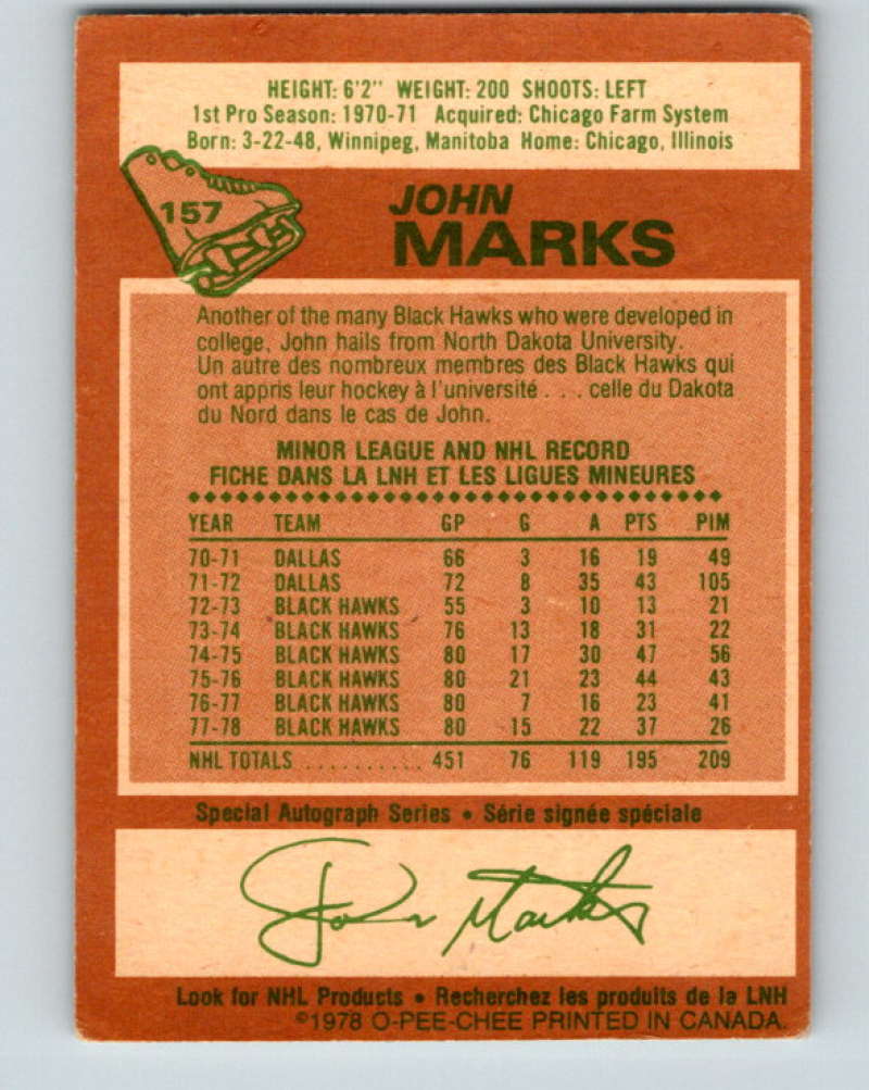 1978-79 O-Pee-Chee #157 John Marks  Chicago Blackhawks  8456 Image 2