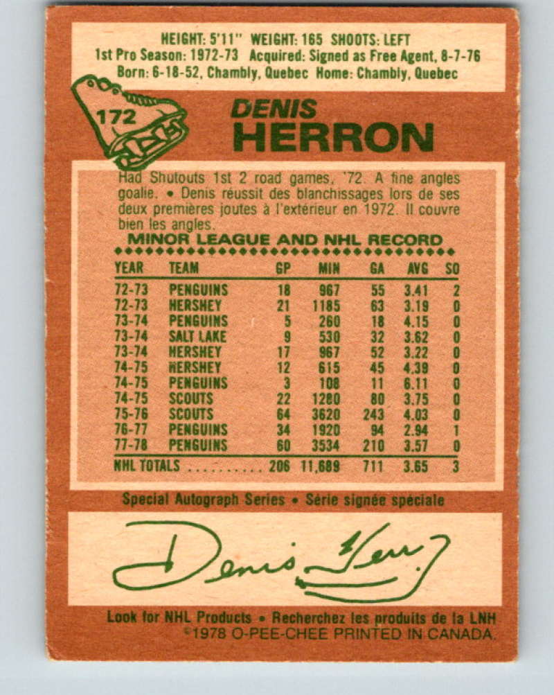 1978-79 O-Pee-Chee #172 Denis Herron Pittsburgh Penguins 8471