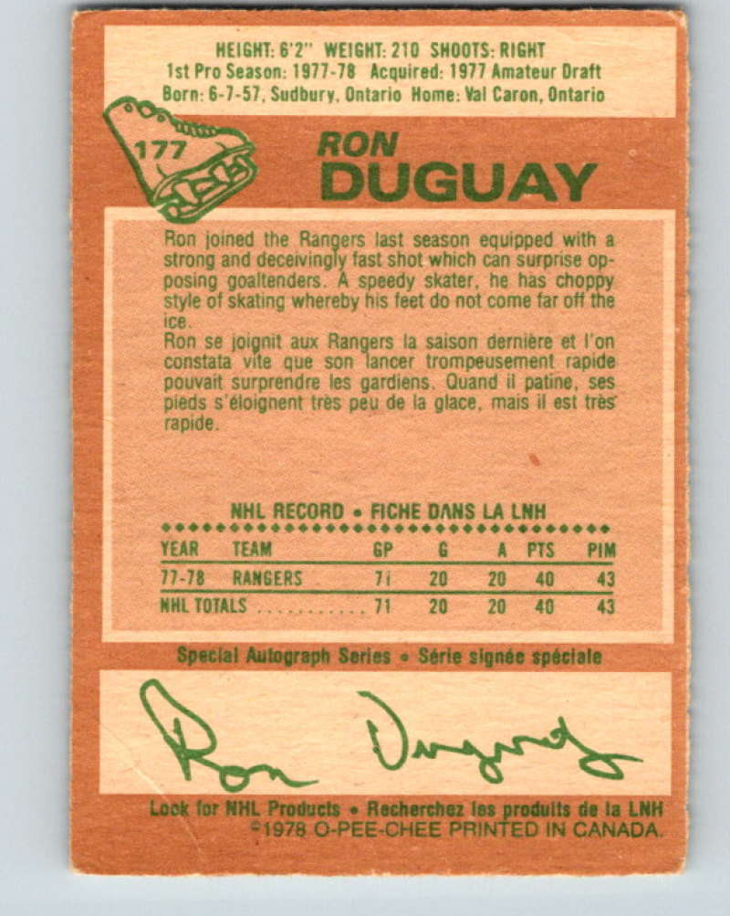 1978-79 O-Pee-Chee #177 Ron Duguay  RC Rookie New York Rangers  8476 Image 2
