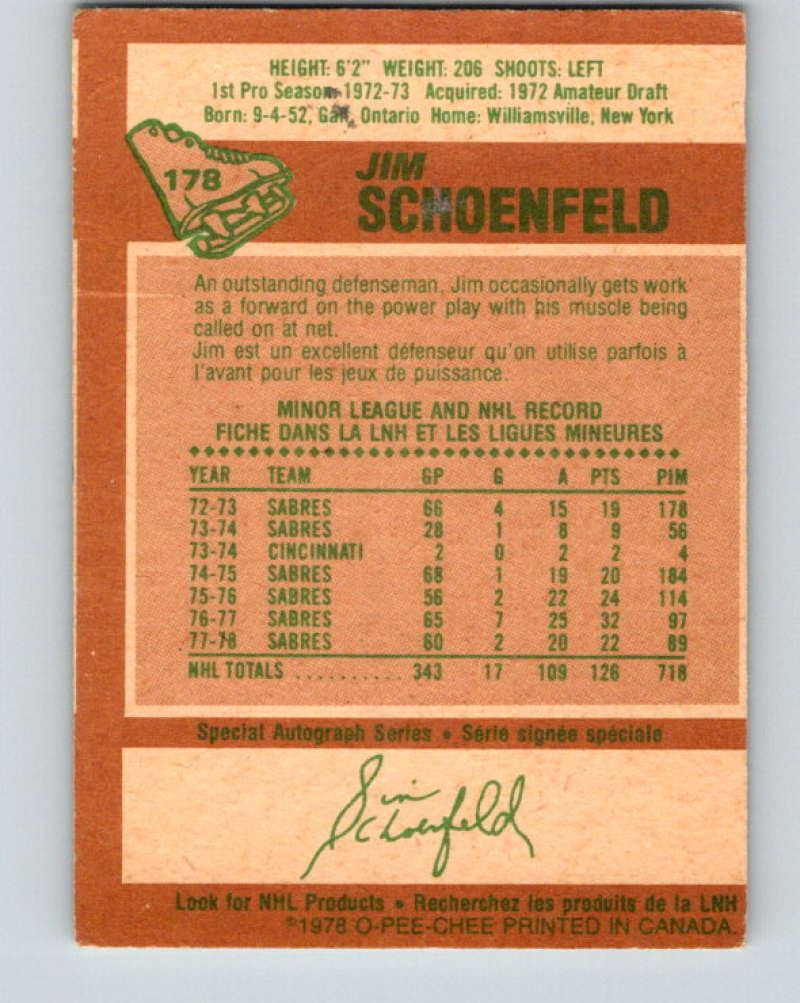 1978-79 O-Pee-Chee #178 Jim Schoenfeld Buffalo Sabres 8477 Image 2