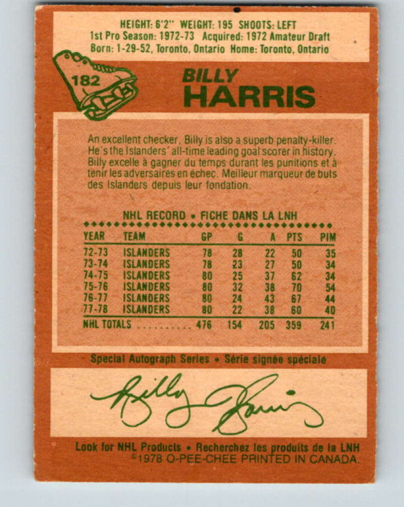 1978-79 O-Pee-Chee #182 Billy Harris New York Islanders 8481