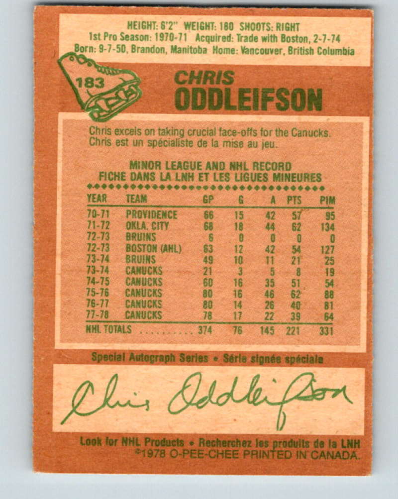 1978-79 O-Pee-Chee #183 Chris Oddleifson  Vancouver Canucks  8482