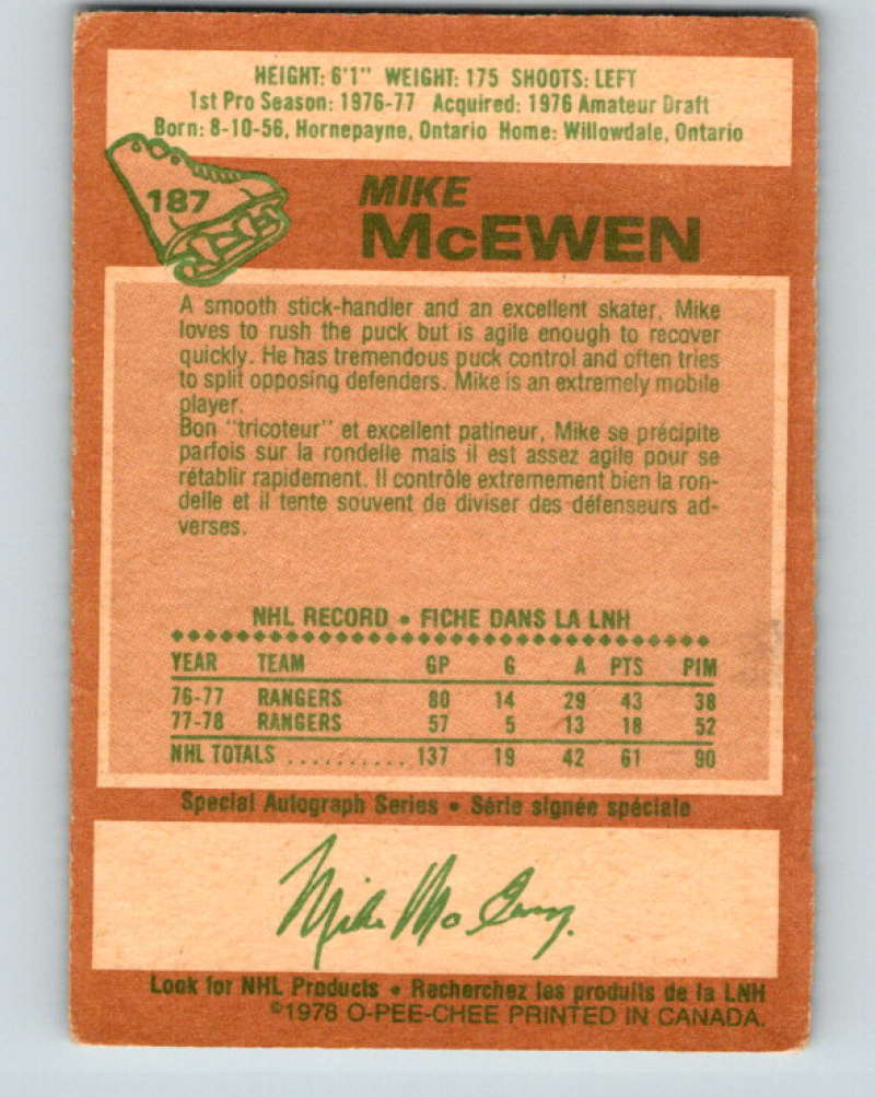 1978-79 O-Pee-Chee #187 Mike McEwen New York Rangers 8486
