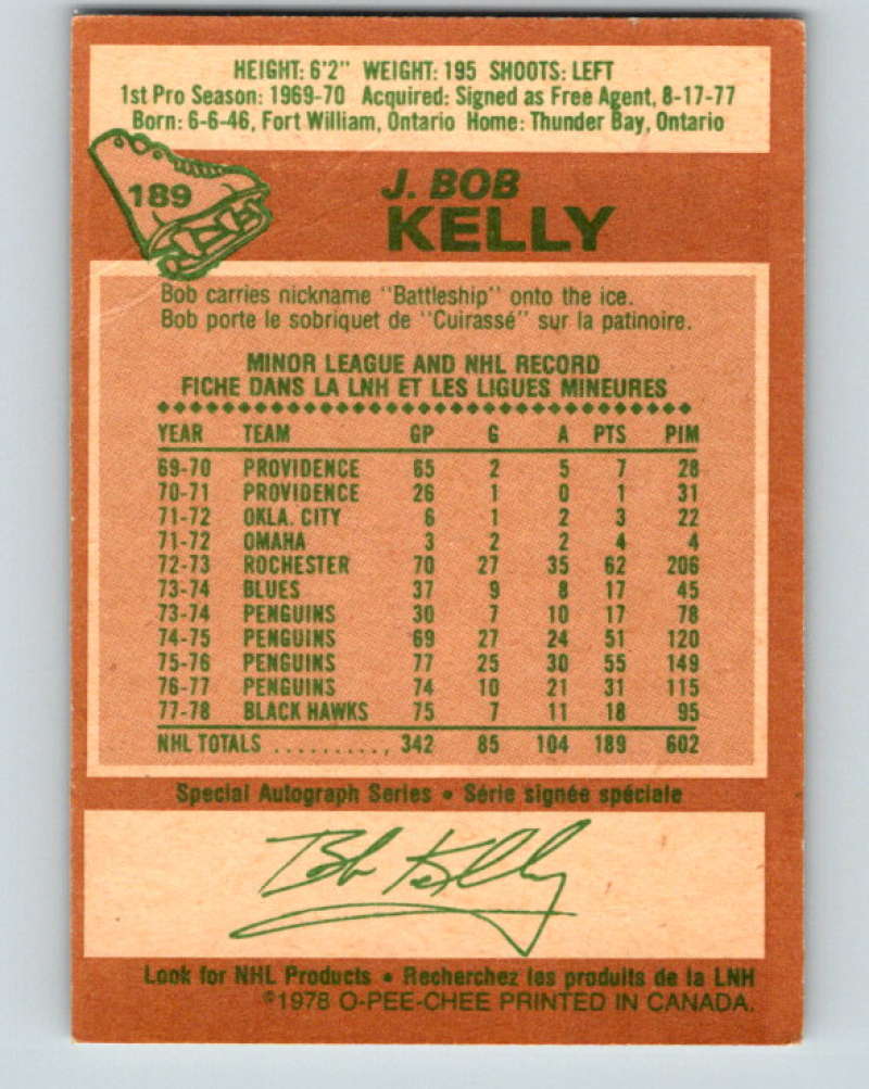 1978-79 O-Pee-Chee #189 J. Bob Kelly  Chicago Blackhawks  8488