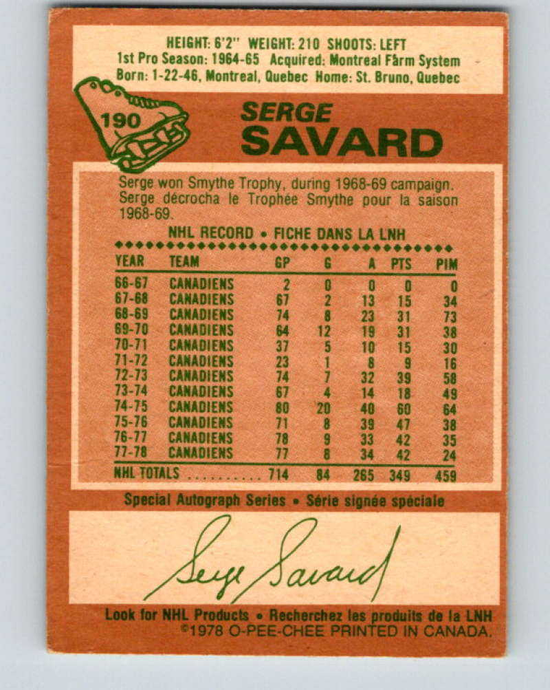 1978-79 O-Pee-Chee #190 Serge Savard AS Montreal Canadiens 8489