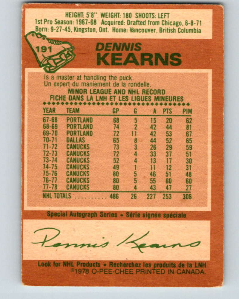1978-79 O-Pee-Chee #191 Dennis Kearns Vancouver Canucks 8490 Image 2