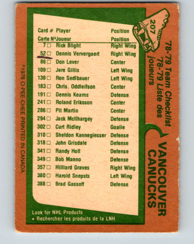 1978-79 O-Pee-Chee #207 Vancouver Canucks TC Vancouver Canucks 8506
