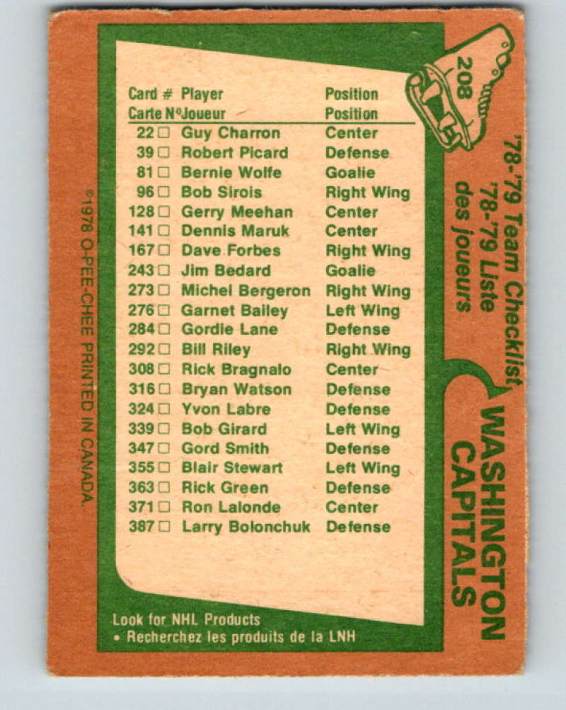 1978-79 O-Pee-Chee #208 Washington Capitals TC Washington Capitals 8507