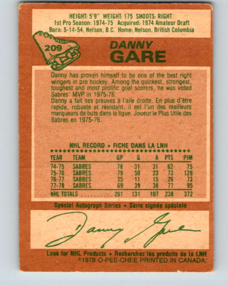 1978-79 O-Pee-Chee #209 Danny Gare Buffalo Sabres 8508 Image 2