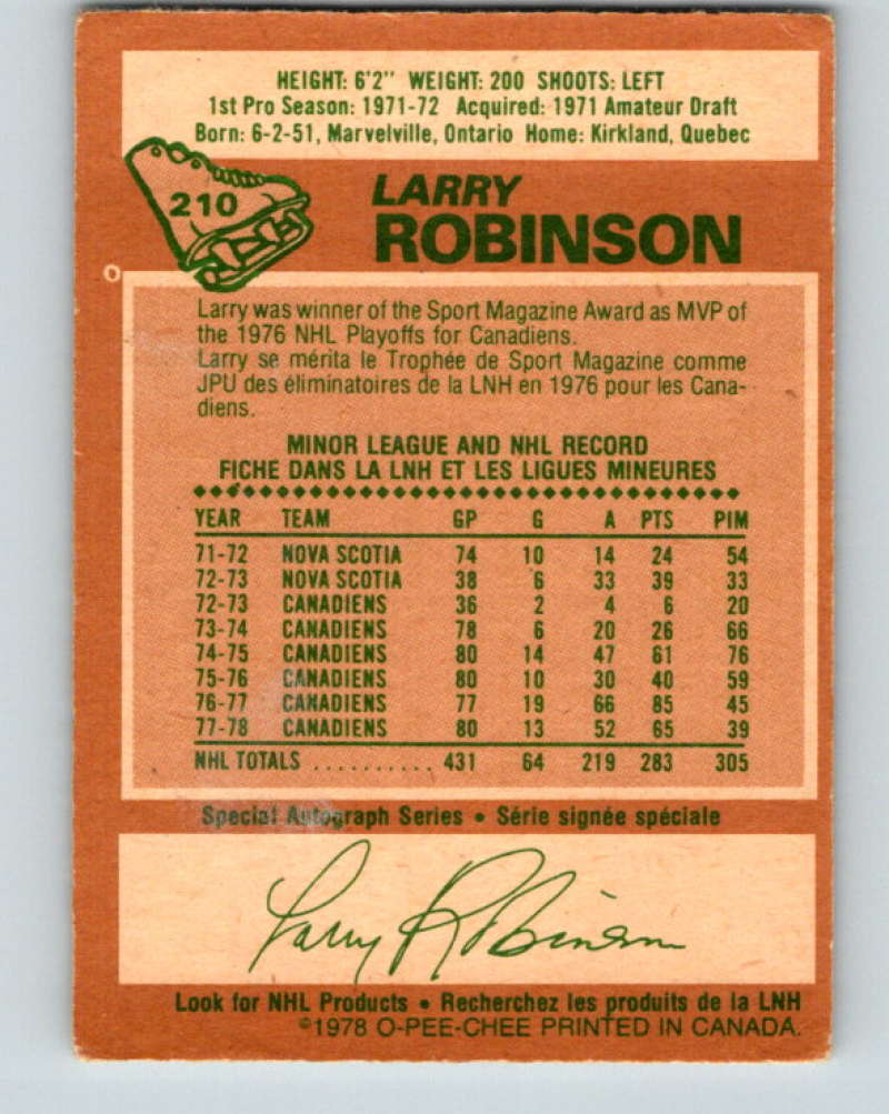 1978-79 O-Pee-Chee #210 Larry Robinson  Montreal Canadiens  8509