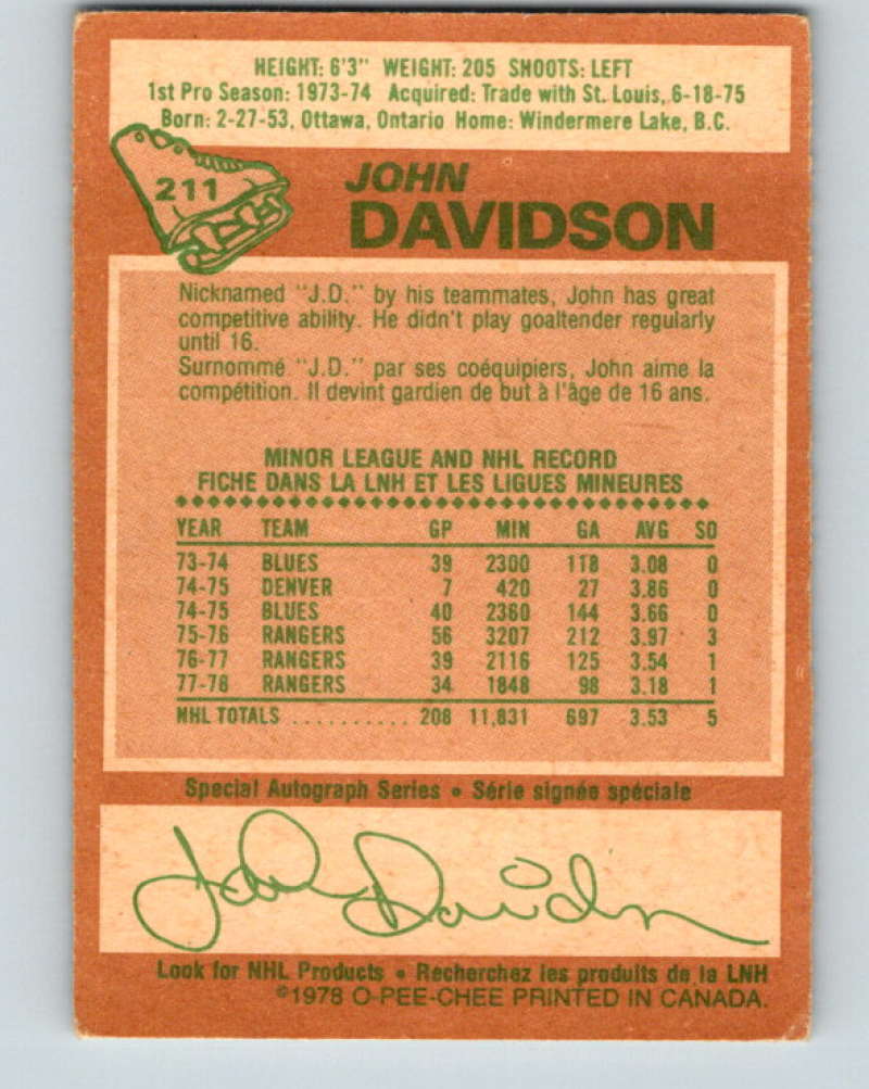 1978-79 O-Pee-Chee #211 John Davidson  New York Rangers  8510