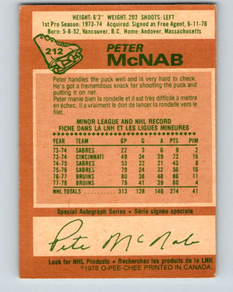 1978-79 O-Pee-Chee #212 Peter McNab Boston Bruins 8511