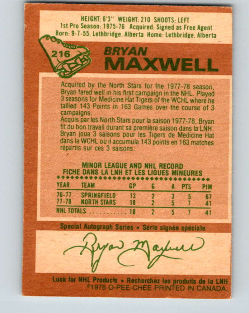 1978-79 O-Pee-Chee #216 Bryan Maxwell UER Minnesota North Stars 8515