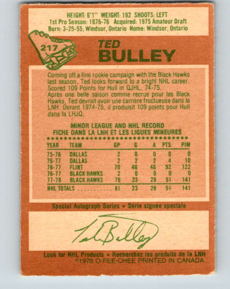 1978-79 O-Pee-Chee #217 Ted Bulley  RC Rookie Chicago Blackhawks  8516