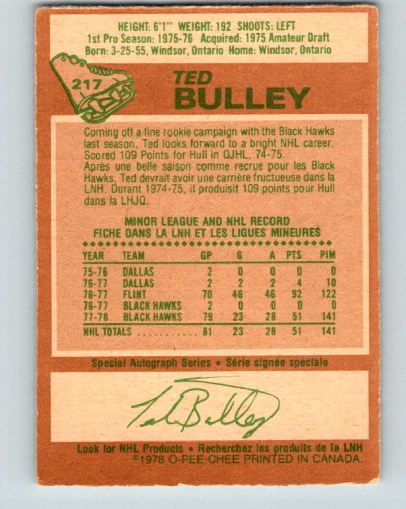 1978-79 O-Pee-Chee #217 Ted Bulley RC Rookie Chicago Blackhawks 8516