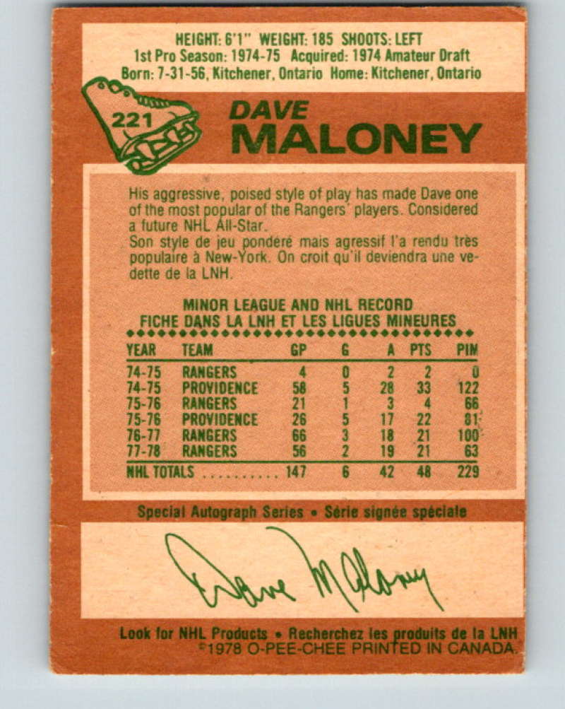 1978-79 O-Pee-Chee #221 Dave Maloney New York Rangers 8520