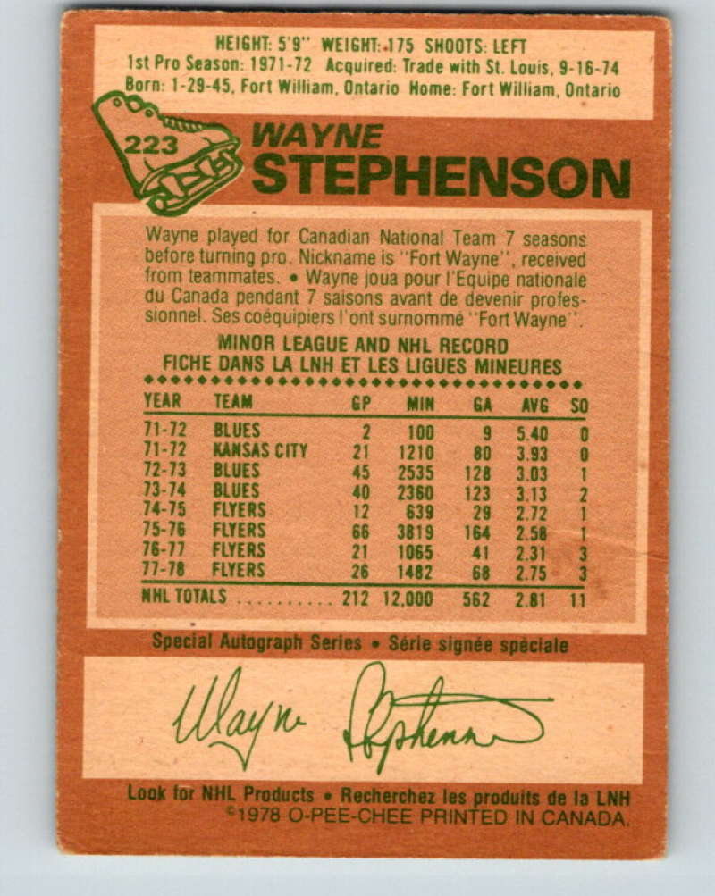 1978-79 O-Pee-Chee #223 Wayne Stephenson  Philadelphia Flyers  8522 Image 2
