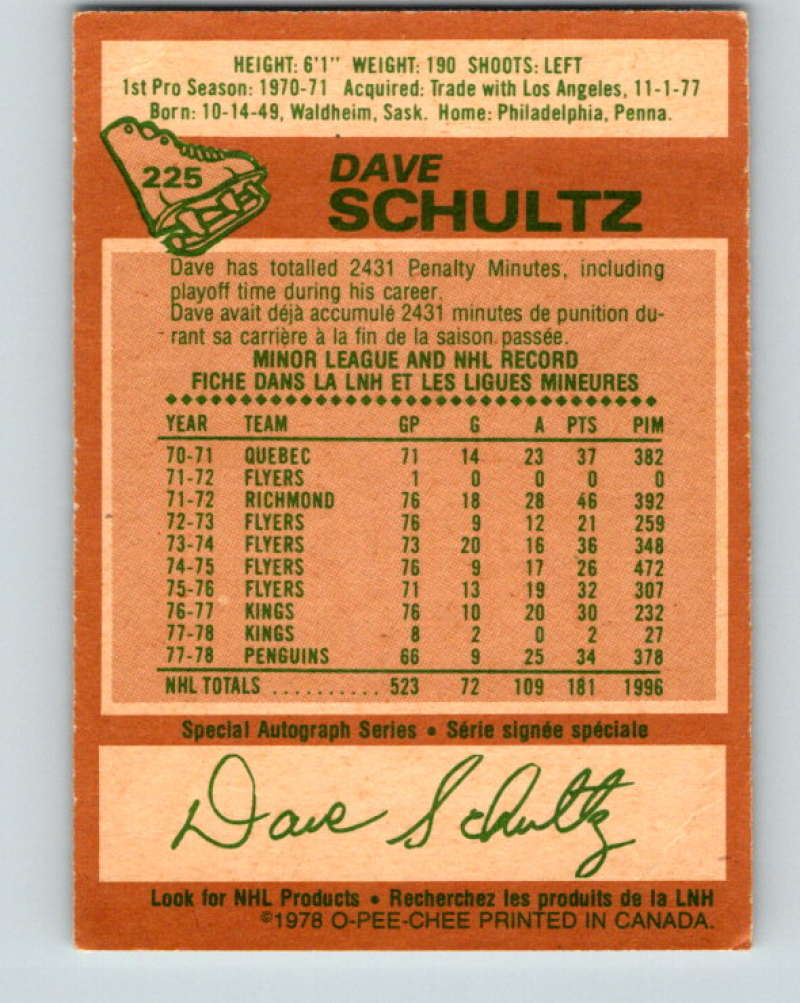 1978-79 O-Pee-Chee #225 Dave Schultz Pittsburgh Penguins 8524