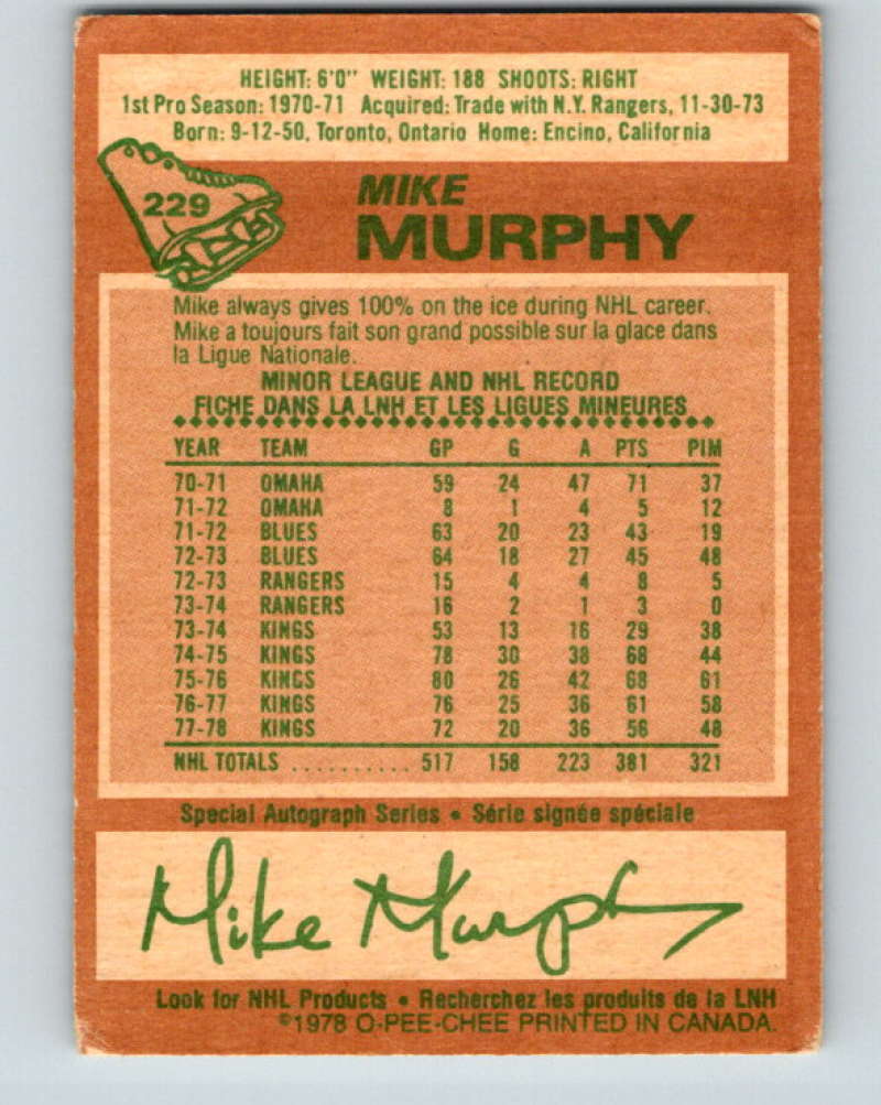1978-79 O-Pee-Chee #229 Mike Murphy  Los Angeles Kings  8528 Image 2