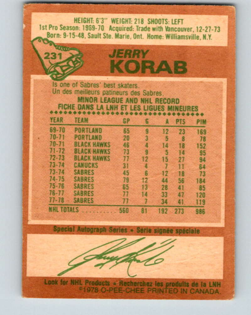 1978-79 O-Pee-Chee #231 Jerry Korab Buffalo Sabres 8530 Image 2